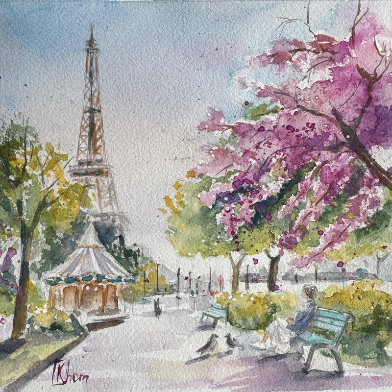 Painting Le carrousel de la tour Eiffel by Khomyakova Liliya | Painting Figurative Urban Nature Watercolor