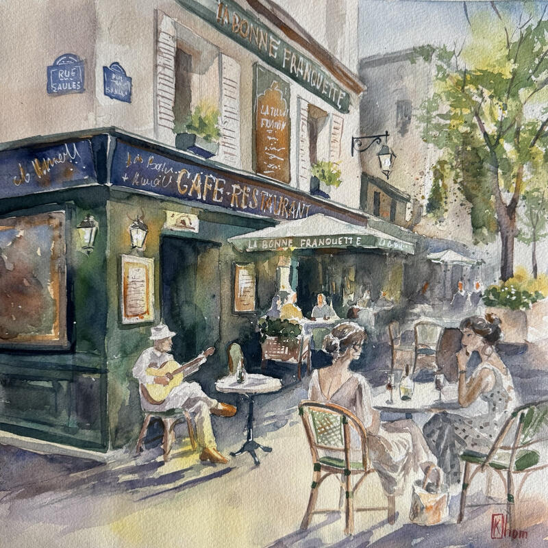 Painting La Bonne Franquette, Montmartre by Khomyakova Liliya | Painting Figurative Landscapes Urban Architecture Watercolor
