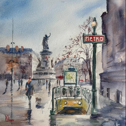 Painting Métro République by Khomyakova Liliya | Painting Figurative Watercolor Architecture, Landscapes, Urban