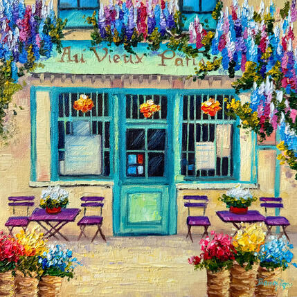 Painting Café in Bloom – Au Vieux Paris by Pigni Diana | Painting Impressionism Oil Architecture, Landscapes, Urban