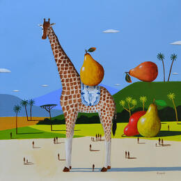 Peinture Girafe aux poires par Lionnet Pascal | Tableau Surréalisme Acrylique Animaux, Paysages, Scènes de vie