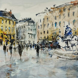 Peinture Lyon la place par Poumelin Richard | Tableau Figuratif Huile