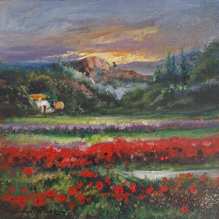 Painting Paisaje con lavandas y amapolas by Cabello Ruiz Jose | Painting