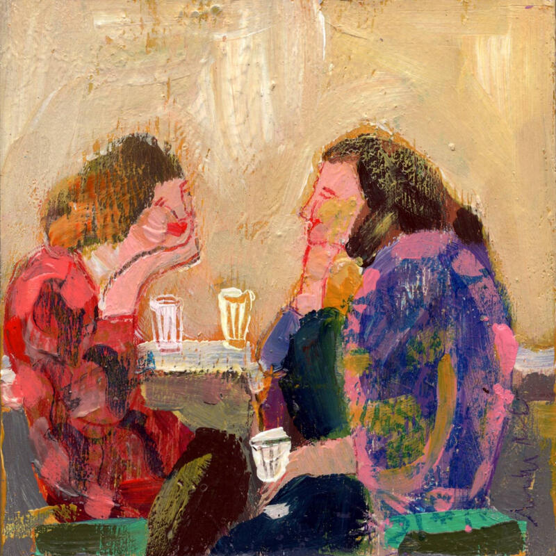Gemälde Raconte-moi encore von Ral Lourdes | Gemälde Figurativ Alltagsszenen Holz Acryl