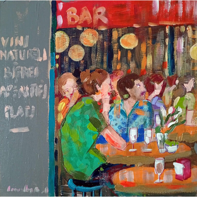 Gemälde Entre toi, moi et un verre von Ral Lourdes | Gemälde Figurativ Alltagsszenen Acryl