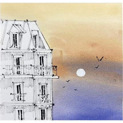 Gemälde Un moment suspendu, Paris von Bailly Kévin | Gemälde Figurativ Aquarell, Tinte Architektur, Pop-Ikonen, Urban