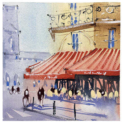 Gemälde Sous les terrasses on est bien von Bailly Kévin | Gemälde Figurativ Aquarell, Tinte Architektur, Pop-Ikonen, Urban