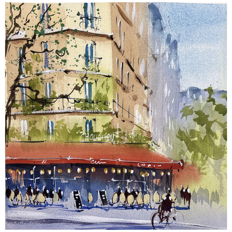 Painting Café, chouchou by Bailly Kévin | Painting Figurative Urban Architecture Watercolor Ink
