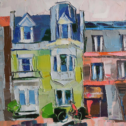 Painting Green House by Lunetskaya Elena | Painting Figurative Oil Landscapes, Minimalist, Pop icons, Urban
