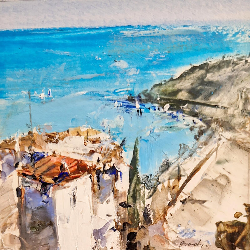 Painting entre roches et azur by Poumelin Richard | Painting Figurative Landscapes Oil