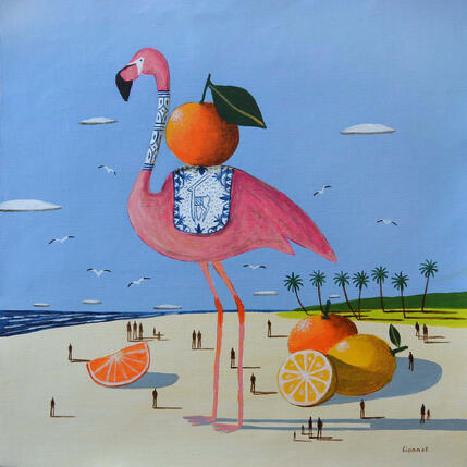 Painting Flamant rose sur la plage by Lionnet Pascal | Painting