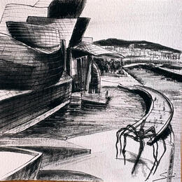 Painting GUGGENHEIM AND SPIDER by Mestres Sergi | Painting Figurative Acrylic Architecture, Pop icons