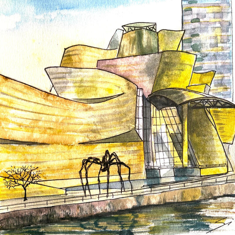 Gemälde GUGGENHEIM von Mestres Sergi | Gemälde Figurativ Architektur Graffiti Acryl
