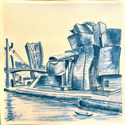 Painting GUGGENHEIM IN BLUE by Mestres Sergi | Painting Figurative Acrylic, Watercolor Architecture, Pop icons
