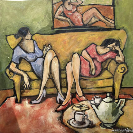 Gemälde Thé entre copines von Signamarcheix Bernard | Gemälde Naive Kunst Acryl, Pastell, Tinte