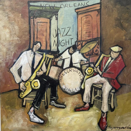 Gemälde Jazz Night presentation hall von Signamarcheix Bernard | Gemälde Naive Kunst Acryl, Pastell, Tinte