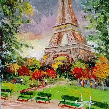 Gemälde Promenade au pied de la Tour Eiffel  von Degabriel Véronique | Gemälde Figurativ Öl Alltagsszenen, Landschaften, Urban