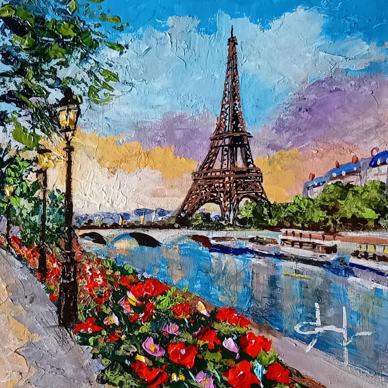 Gemälde Bord de Seine fleuri  von Degabriel Véronique | Gemälde Figurativ Landschaften Urban Alltagsszenen Öl Acryl