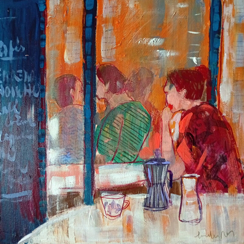 Painting Pendant que le café refroidit by Ral Lourdes | Painting Figurative Life style Acrylic