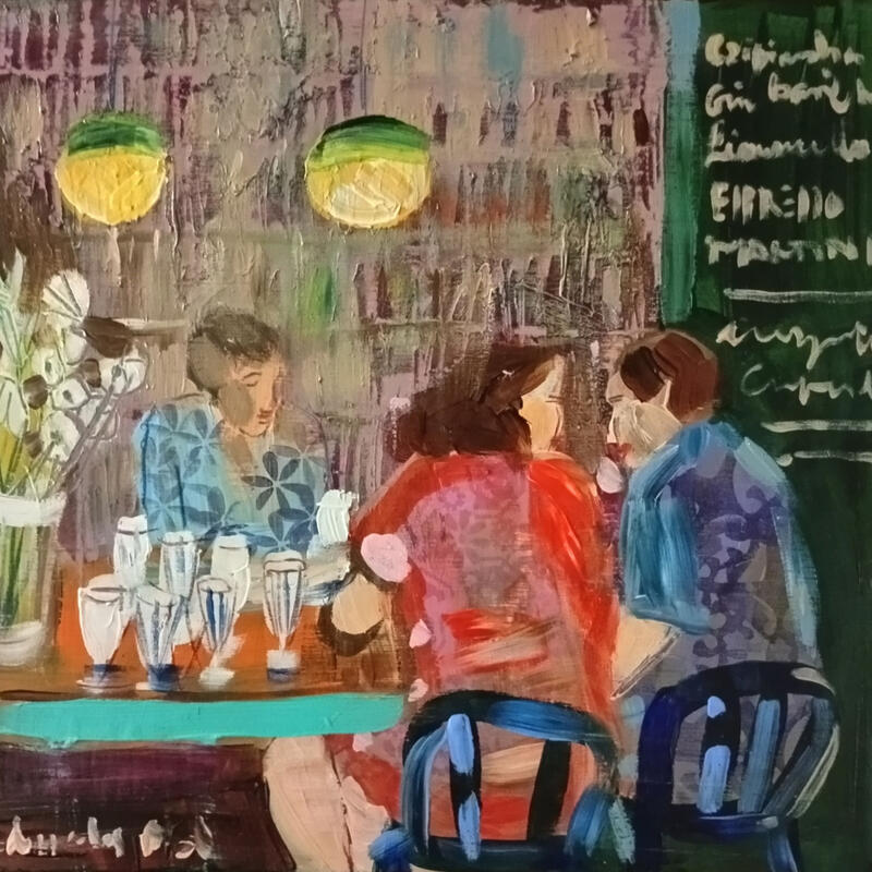 Painting Les conversations qui nous attendent by Ral Lourdes | Painting Figurative Life style Wood Acrylic