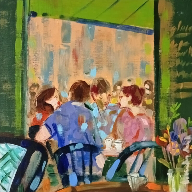 Painting Ce café où l’on revient toujours by Ral Lourdes | Painting Figurative Life style Acrylic