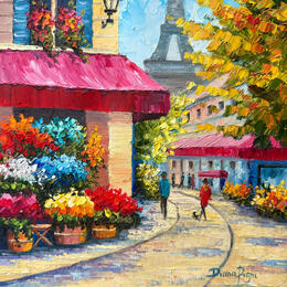 Painting Paris Flower Market by Pigni Diana | Painting Impressionism Oil Architecture, Landscapes, Urban