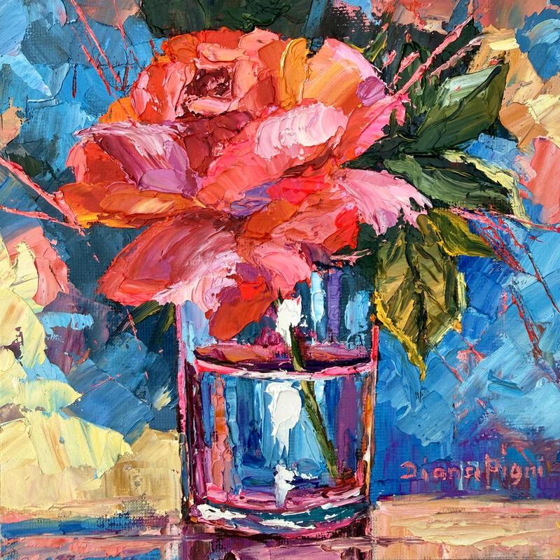 Painting A Rose Against the Blue by Pigni Diana | Painting Impressionism Nature Life style Still-life Oil