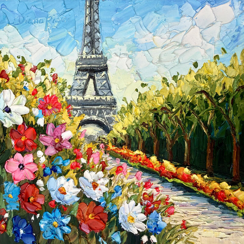 Painting A Garden and the Eiffel Tower by Pigni Diana | Painting Impressionism Landscapes Urban Nature Oil