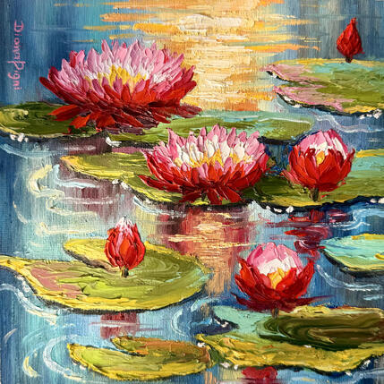 Painting Water Lilies in Golden Light by Pigni Diana | Painting Impressionism Oil Landscapes, Nature, Pop icons, Still-life