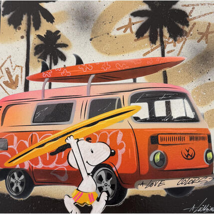 Painting Snoopy Surf en Van by Lemoine Mael | Painting Pop-art Acrylic, Graffiti Pop icons