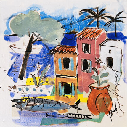 Painting Note bleue by Colombo Cécile | Painting Naive art Acrylic, Gluing, Ink, Pastel, Watercolor Landscapes, Nature