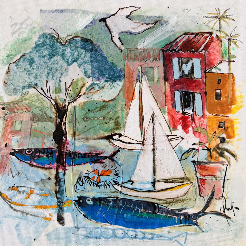 Peinture Les voiliers  par Colombo Cécile | Tableau Art naïf Paysages Aquarelle Acrylique Collage Encre Pastel