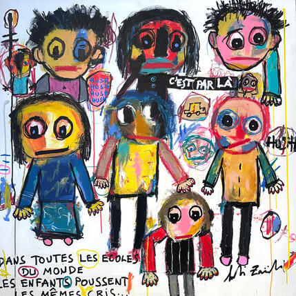 Peinture Dans toutes les écoles du monde les enfants poussent les mêmes cris par Zaïdi Larbi | Tableau Art Singulier Acrylique, Pastel, Posca