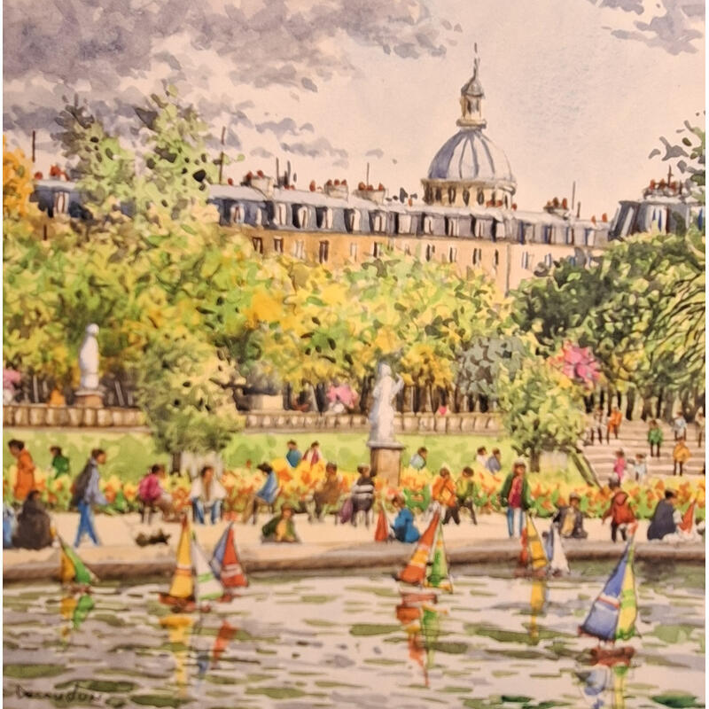 Gemälde Le luxembourg et le Panthéon von Decoudun Jean charles | Gemälde Figurativ Urban Aquarell