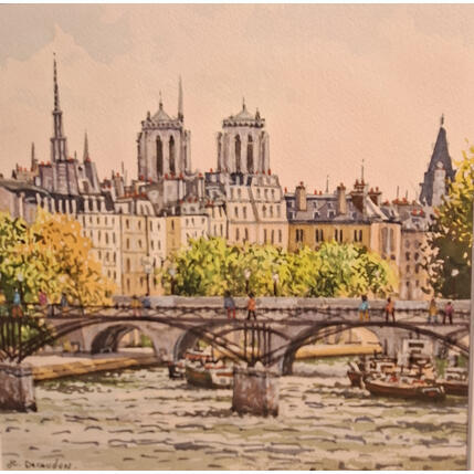 Gemälde L'ile de la cité von Decoudun Jean charles | Gemälde Figurativ Aquarell Urban