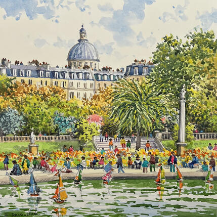 Peinture Le bassin du Luxembourg par Decoudun Jean charles | Tableau Figuratif Aquarelle Urbain
