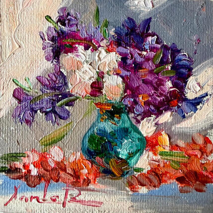 Gemälde Colorful Flowers in a Blue Vase von Xanlar | Gemälde