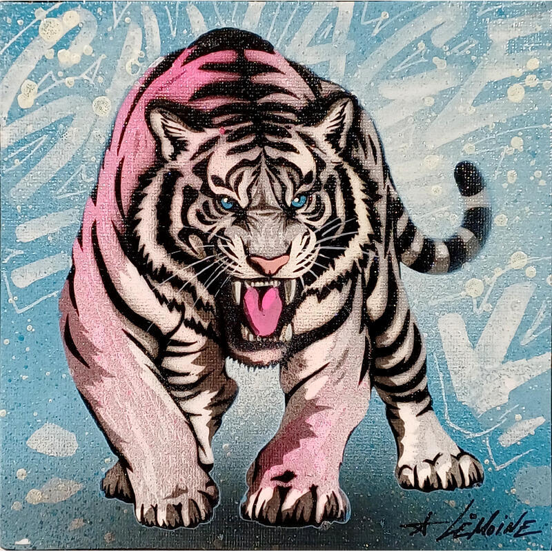 Painting Tigre black and white by Lemoine Mael | Painting Pop-art Pop icons Graffiti Acrylic