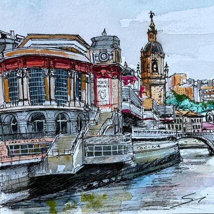 Peinture MERCADO par Mestres Sergi | Tableau Figuratif Acrylique Architecture
