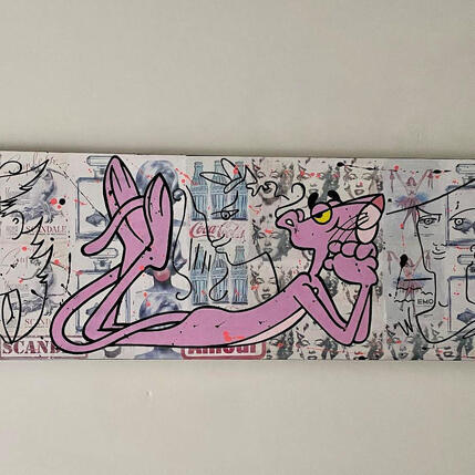 Painting 120x40  La panthère et COCTEAU by Marie G.  | Painting Pop-art Acrylic, Gluing Pop icons