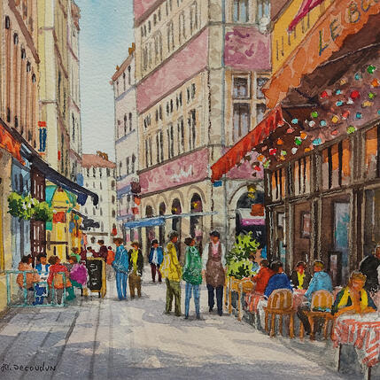 Gemälde A Lyon les bouchons von Decoudun Jean charles | Gemälde Figurativ Aquarell Urban