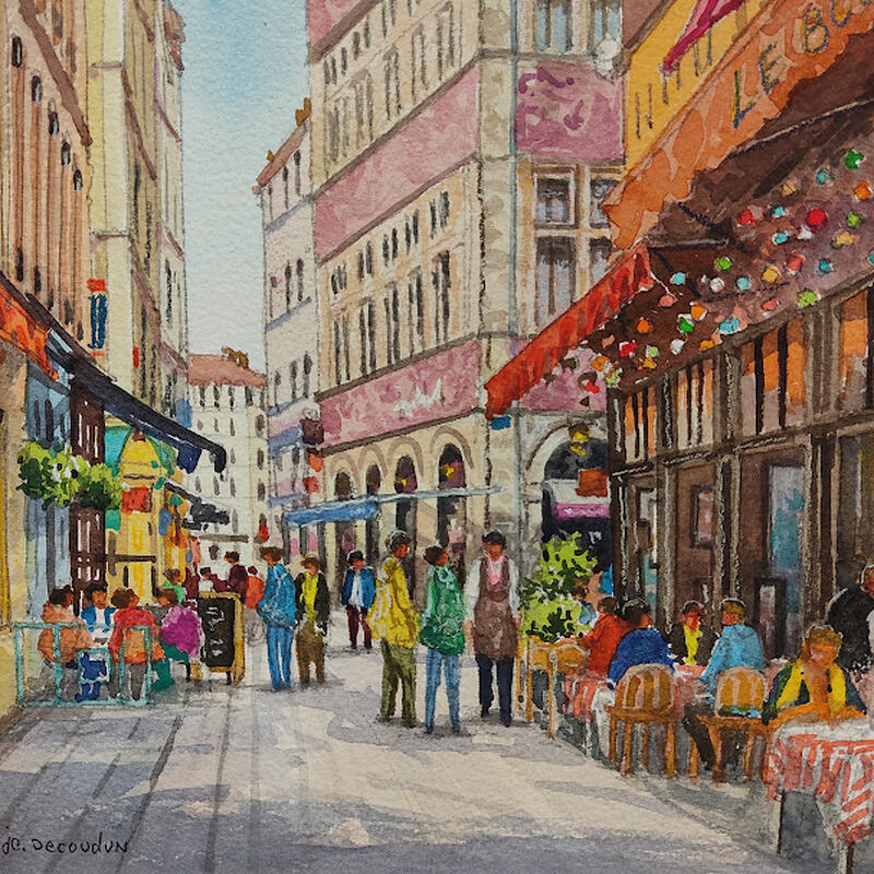 Gemälde A Lyon les bouchons von Decoudun Jean charles | Gemälde Figurativ Urban Aquarell