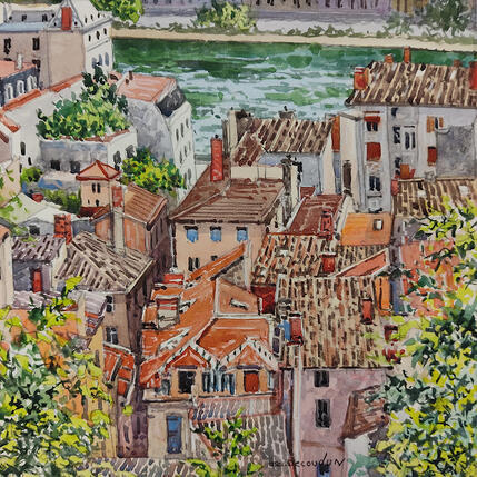 Peinture Les tuiles à Lyon par Decoudun Jean charles | Tableau Figuratif Aquarelle Urbain