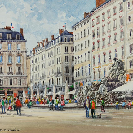 Peinture Paysage lyonnais sur la place de la mairie par Decoudun Jean charles | Tableau Figuratif Aquarelle Urbain