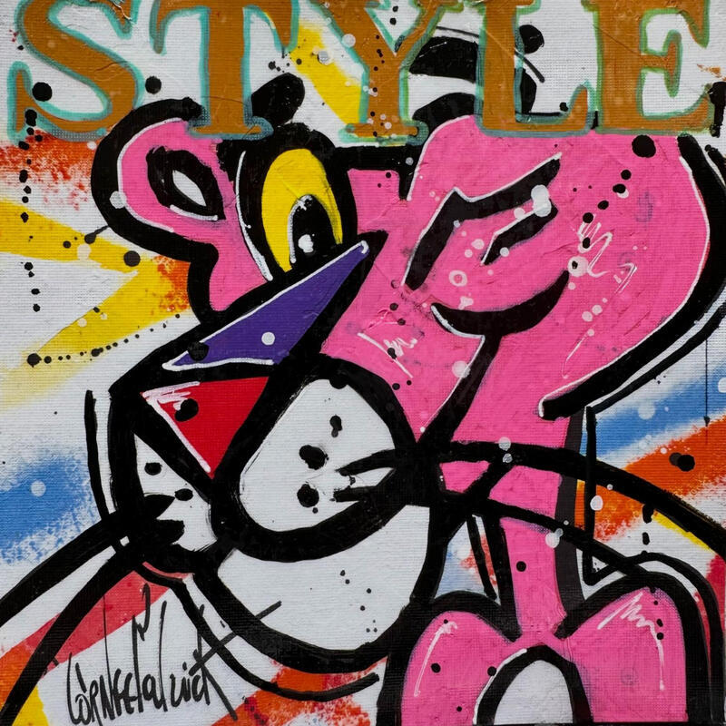Gemälde La Panthère rose, style von Cornée Patrick | Gemälde Pop-Art Kino Pop-Ikonen Kinder Graffiti Öl