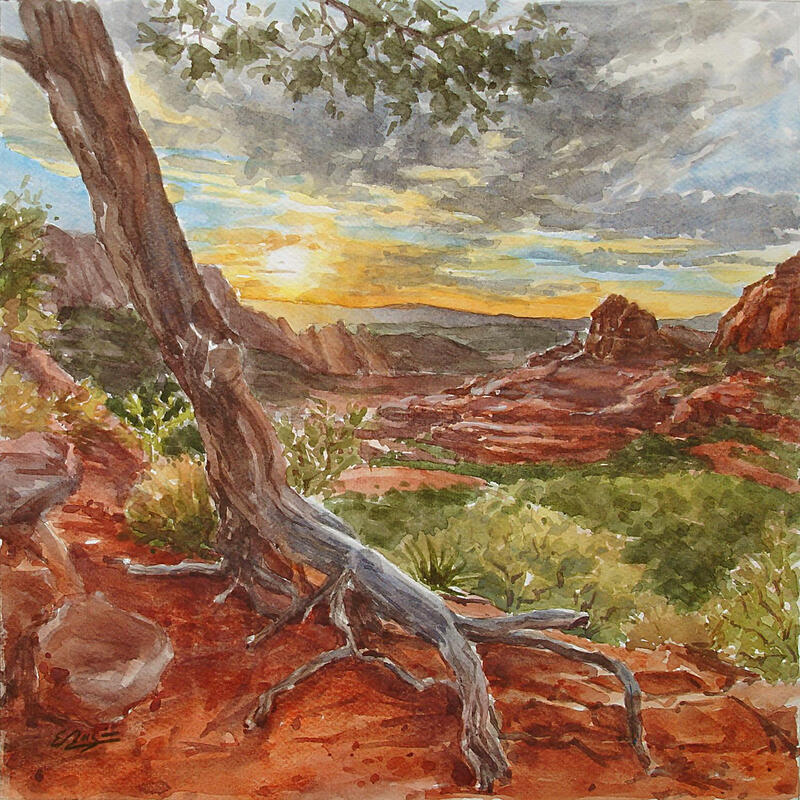 Peinture Genevrier et soleil couchant par Elisabeth Bazin | Tableau