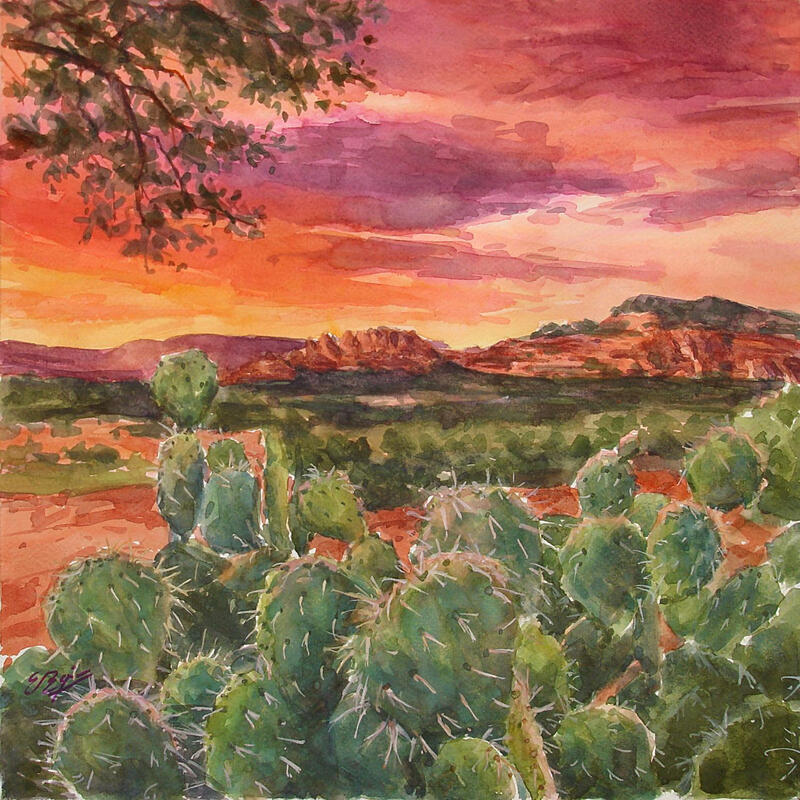 Painting Soleil couchant sur la vallée by Elisabeth Bazin | Painting