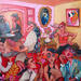 Gemälde Effervescence au bistrot les trois minots von Garilli Nicole | Gemälde Figurativ Alltagsszenen Acryl