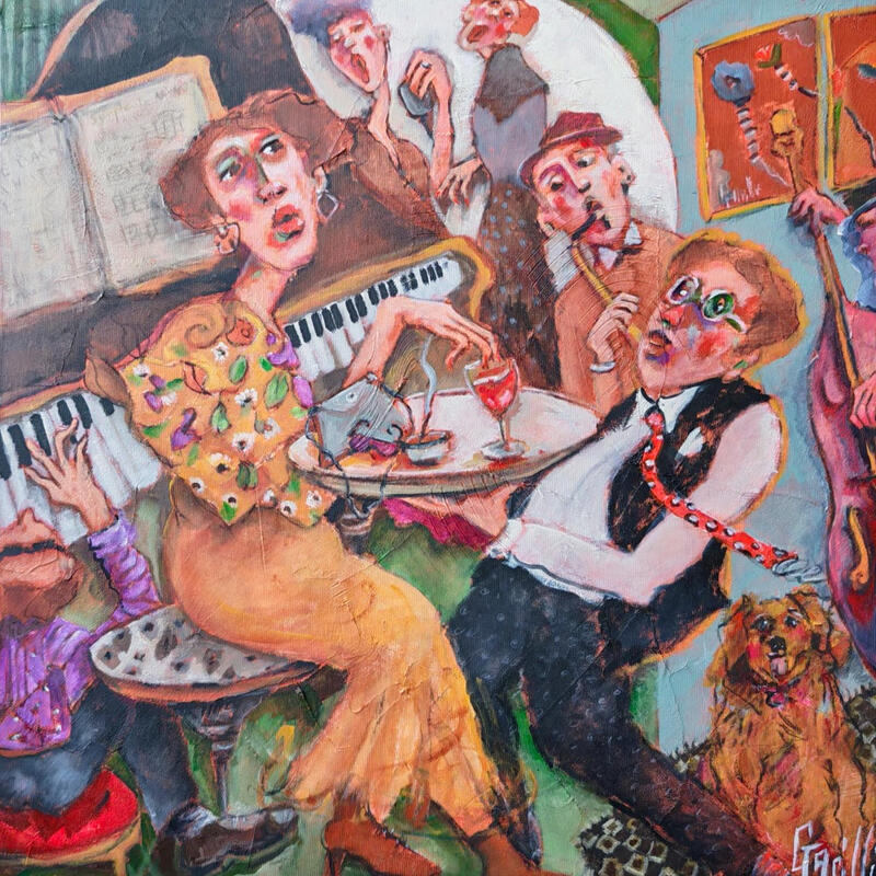 Gemälde Happiness in music at Private View von Garilli Nicole | Gemälde Figurativ Alltagsszenen