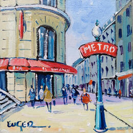 Peinture METRO LAMARCK CAULAINCOURT A MONTMARTRE par Euger | Tableau Figuratif Carton, Huile Architecture, Scènes de vie, Urbain